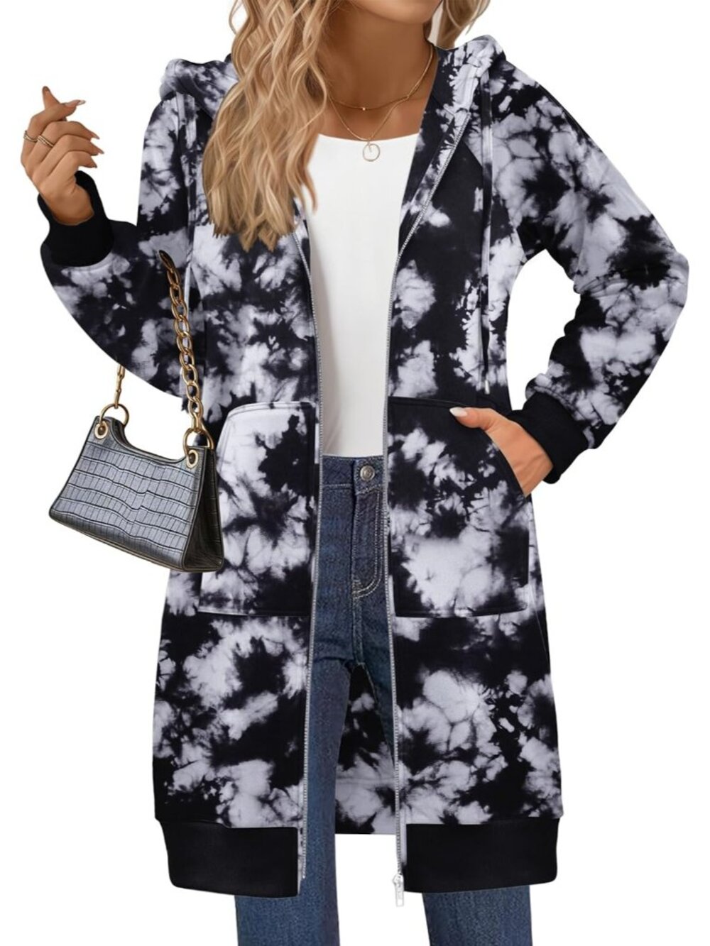 Women's Black Gray Tie Dye Fleece Hoodie Oversized Zip Front Tunic Pockets